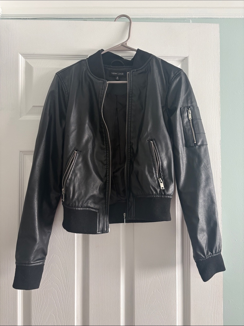 New Look Black Faux Leather Bomber Jacket with Zip Pockets